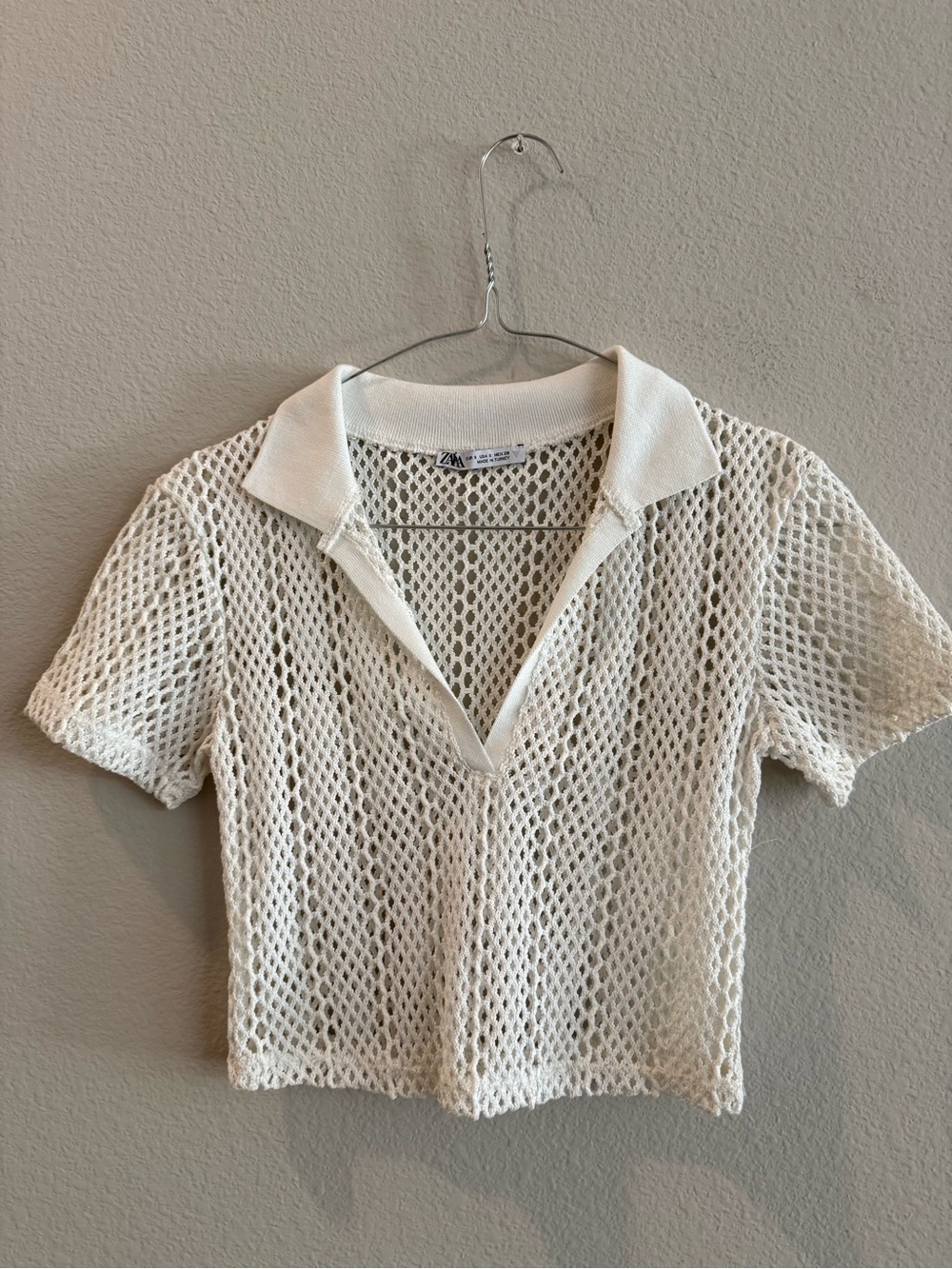 Zara White Open-Weave Polo Crop Top